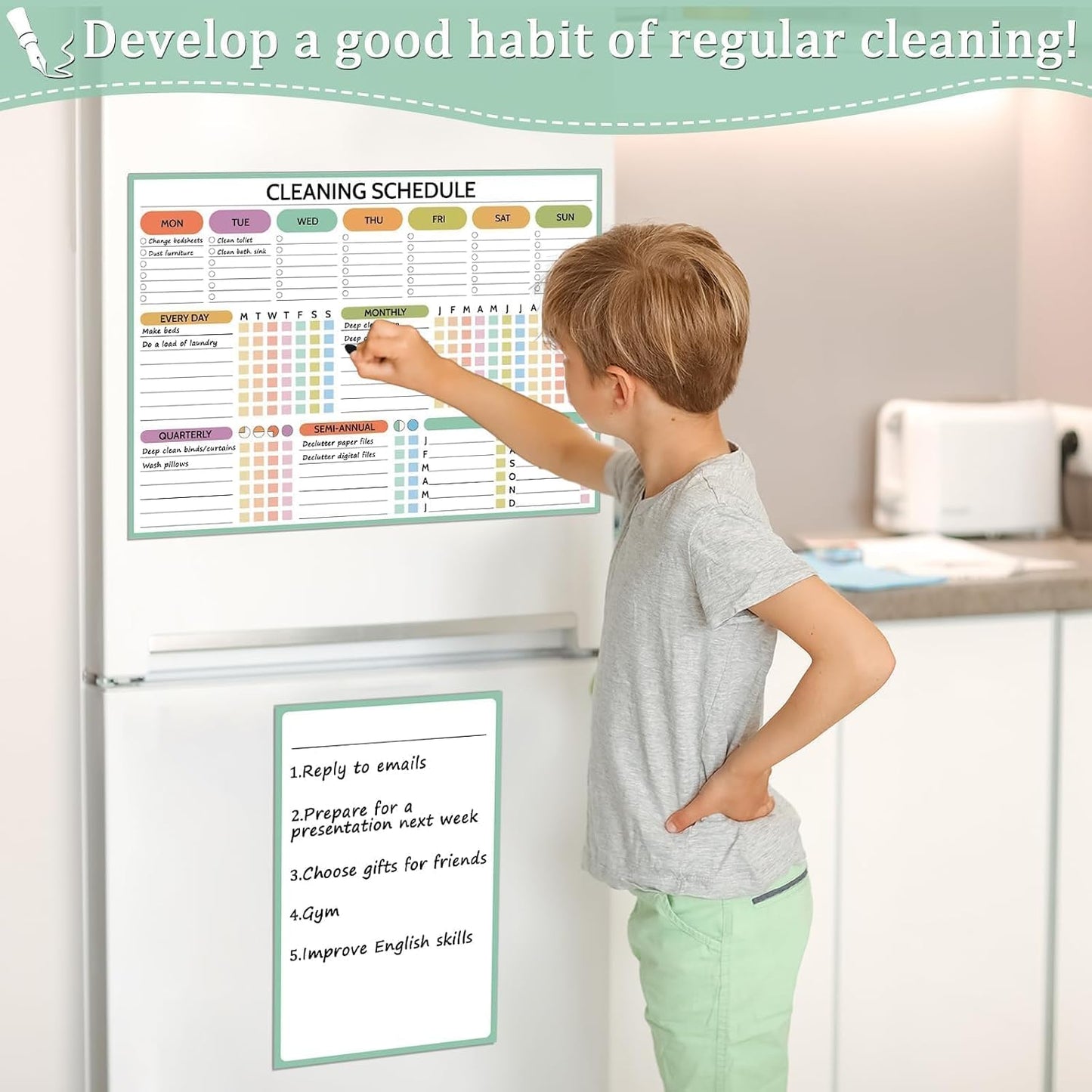 Naozinebi 2 Pcs Magnet Cleaning Planner Magnetic Cleaning Schedule and Checklist Daily Weekly Monthly Quarterly Semi-Annual Annually Chore Chart for Adults Dry Erase to Do List White Board for Fridge