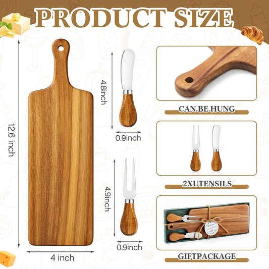 Ziliny 2 Sets Bridal Baby Shower Prizes Cheese Square Wooden Board Gift Set Knives Forks Thank You Tags with Box for Guests for Bridal Baby Shower Wedding Housewarming (Bamboo Color)