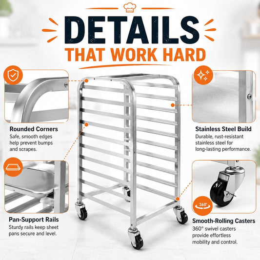 10-Tier Bun Pan Rack with Wheels for Home Use | 1/2 & 1/4 Sheet Pan|Baking Bread Cooling Rack|Speed Bun Pan Rack|Home Bakery Rolling Cart|Dough Proofing