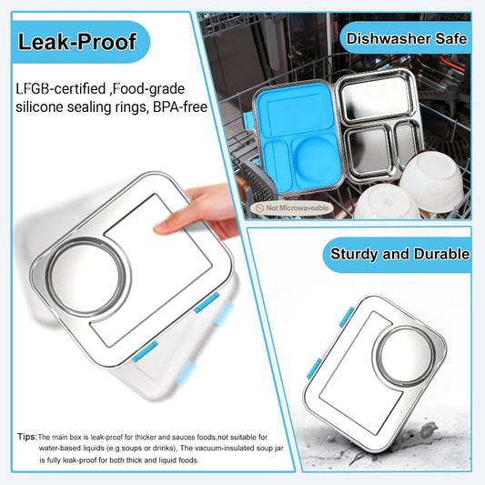 Stainless Steel Bento Lunch Box:7+ Older Kids,Teens & Adult with Insulated Food Jar,Leakproof 3-Compartment,BPA-Free, Eco-Friendly,Dishwasher Safe, Large-Capacity Box, School,Office,Travel (Blue)