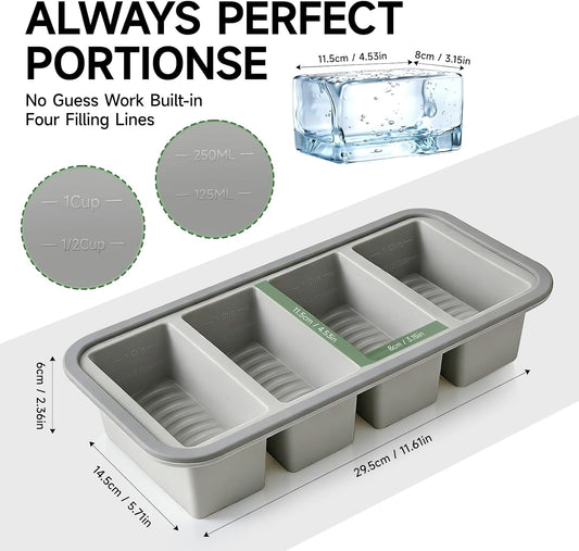 Tvmania 2-Pack Silicone Freezer Tray with Lid - 1 Cup / 4 Compartment Soup Freezer Container for Broth, Sauce & Meal Prep - Large Ice Cube Tray for Whiskey - Stackable, Easy Release, Oven Safe