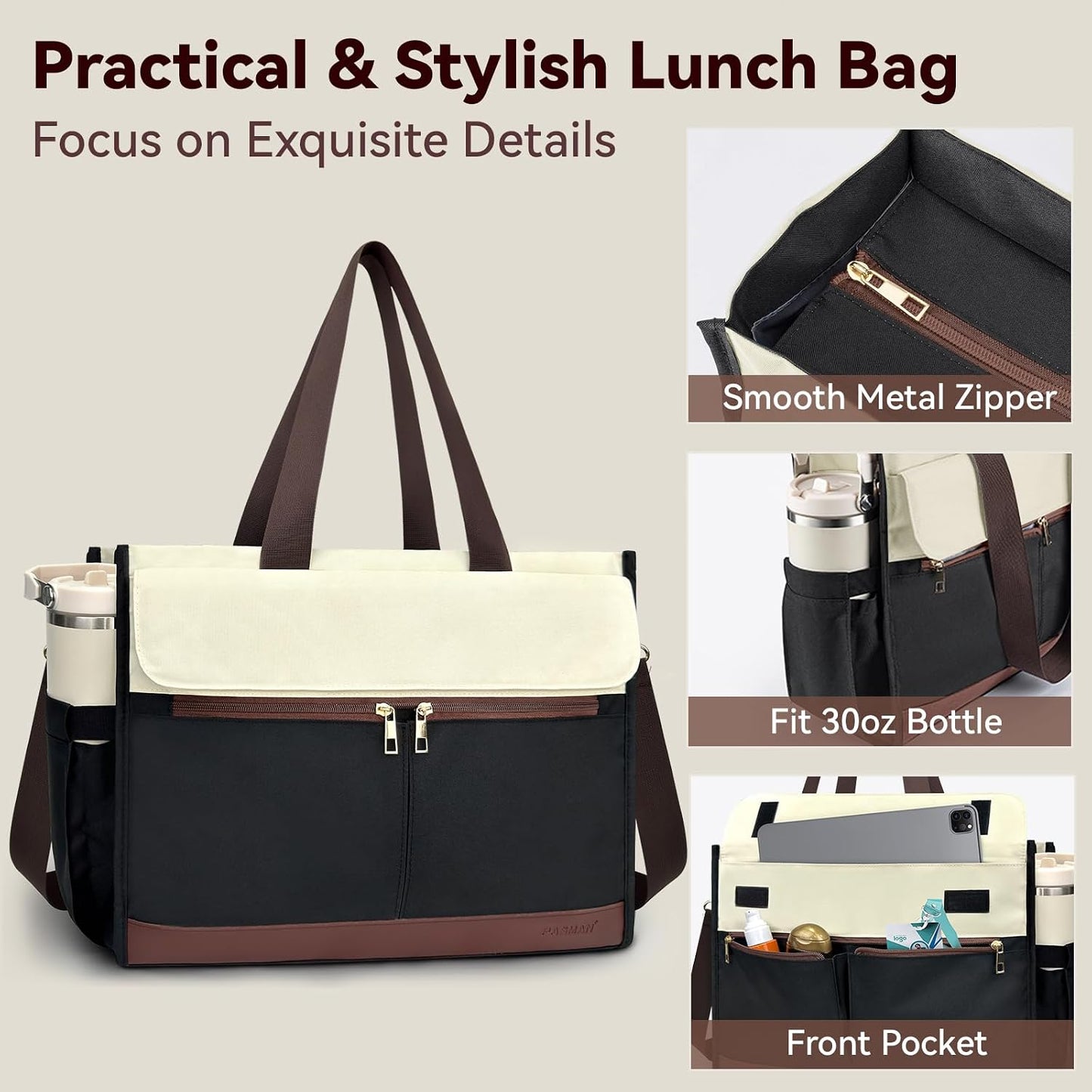 PASMAN Insulated Lunch Bag for Women, 15.6" Laptop Tote with Leakproof Cooler Compartment for Nurse Teacher Work Office and Outdoor