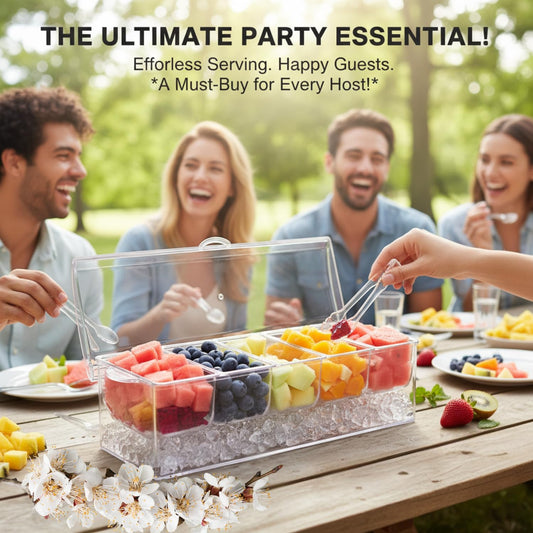 Ice Chilled Condiment Server with Lids – Includes 19 Serving Accessories (Tongs, Spoons, Forks) – 5 Compartment Fruit & Veggie Tray for Parties, Taco Bar, Picnics & Outdoor Entertaining