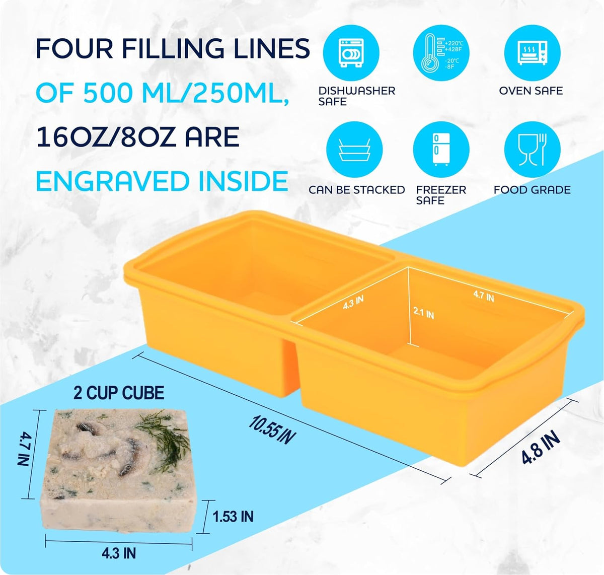 Zip Standing Silicone Freezer Trays with Lid,1-cup Soup Freezer Container large Ice Cube Molds with Reinforced Steel Ring Top for freezing Soup Sauce Broth Leftovers oven Dishwasher -Safe(2-Pack)