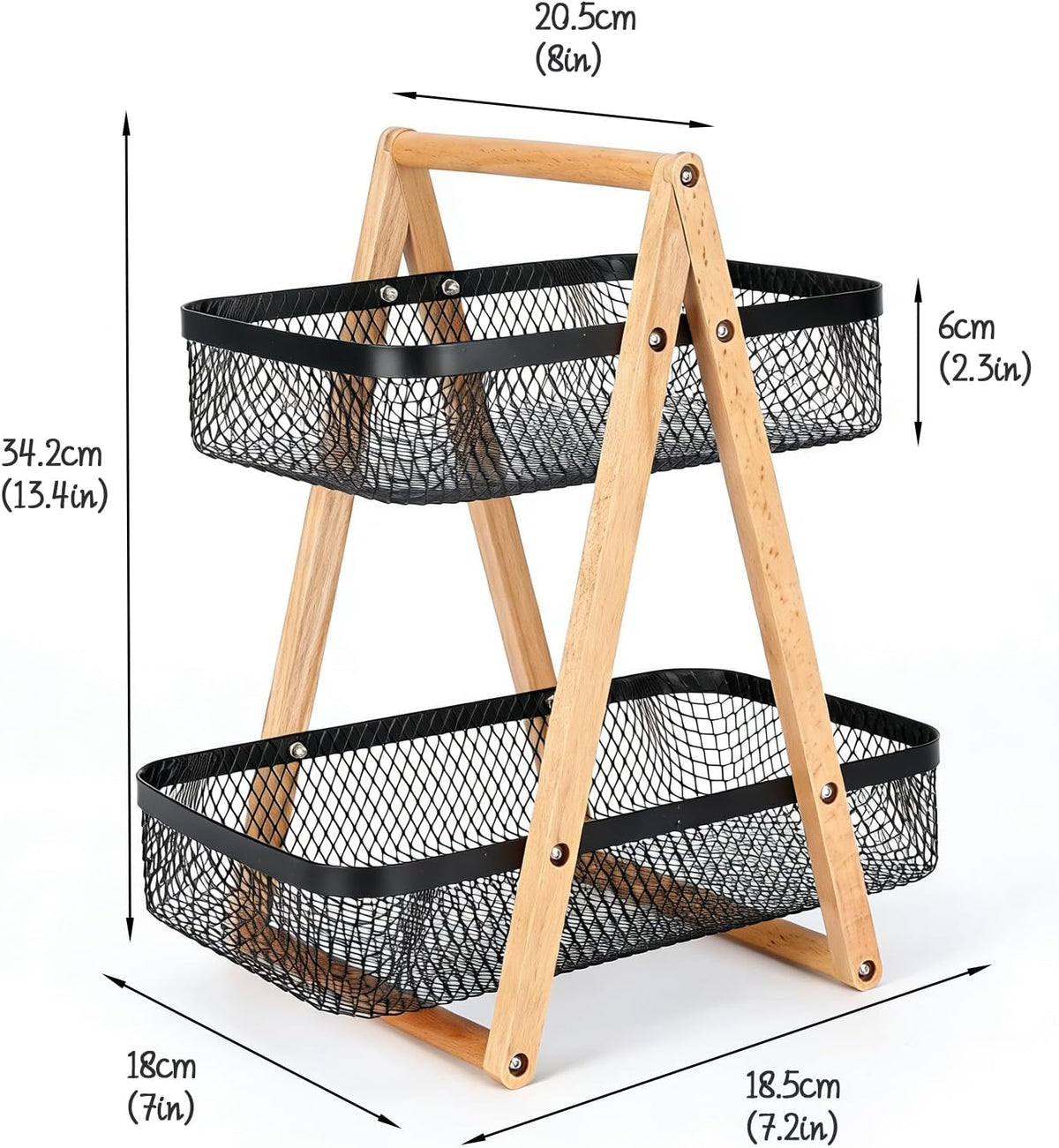 2 Tier Onion and Potato Storage Basket for Pantry, Wire Produce Organizer with Wooden Handle, Kitchen Counter Vegetable Bin for Garlic, Fruit, Bread and Snacks, Black