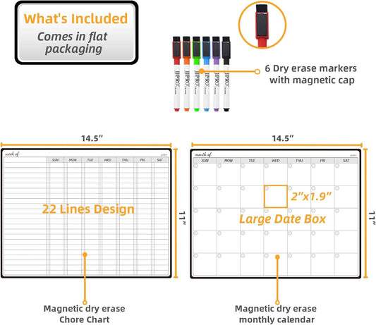 JJPRO Magnetic Monthly Calendar Whiteboard Set for Refrigerator-Monthly Planning Board, Weekly Menu Planner and to Do List for Fridge with 6 Markers-14.5" x11