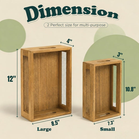 Dicunoy Set of 2 Decorative Wooden Crates, Rustic Countertop Nesting Basket with Handle, Antique Small Storage Containers for Fruit, Veggies, Kitchen, Bathroom, Shelf, Pantry, Gift Basket