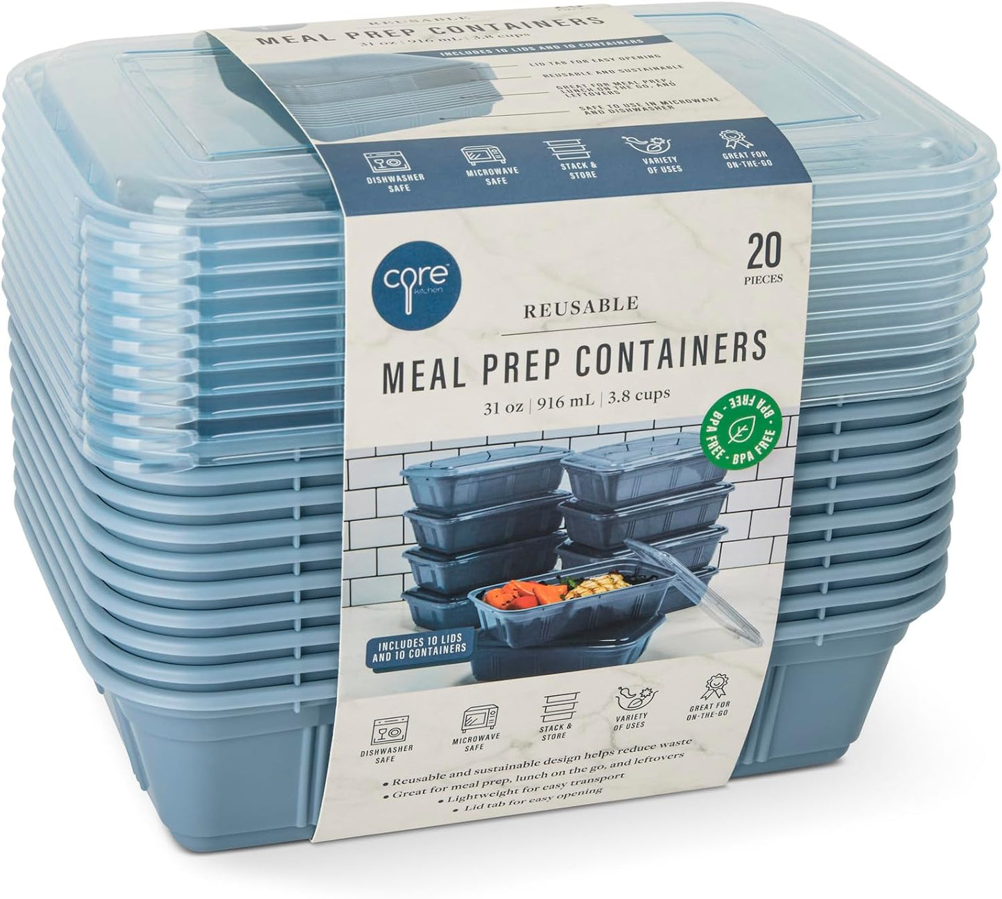 Core Kitchen Reusable Meal Prep Containers – 20-Piece Set (10 Containers & 10 Lids) – 31 oz BPA-Free – Microwave, Freezer & Dishwasher Safe