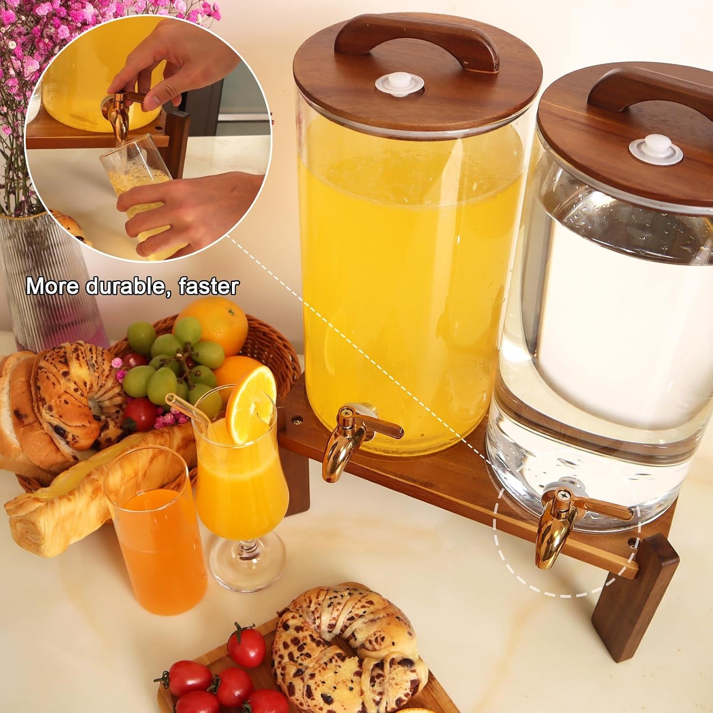2PCS 1.6 Gallon Drink Dispenser,Glass Water Dispenser with Stand,Beverage Dispenser with Stainless Steel Spigot,Drink Dispensers for Parties,Bars,Restaurants