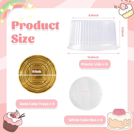 NPLUX 10 Inch Plastic Cake Carriers Gold Cake Containers with Lid and White Cake Boards, Clear Cupcake Holder for 1-2 Layer Cheesecake, Bakery Supplies, Graduation Gifts Party Favors(5 Pack)