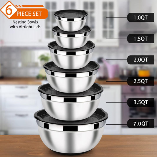 LIANYU Stainless Steel Mixing Bowls Sets of 6, Large 7, 3.5, 2.5, 2, 1.5, 1QT Size with Transparent Airtight Lids, Metal Nesting Serving Bowl Sets for Home Kitchen, Dishwasher & Freezer Safe, Black