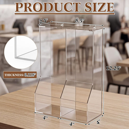 1 Pcs Divided Condiment Bin with Lid 2 Compartment Condiment Packet Organizer Sugar Packet Wrapped Candy Caddy Clear Acrylic for Bakery Restaurant Retail Stores, 8.5" W x 4" D x 12.25" H