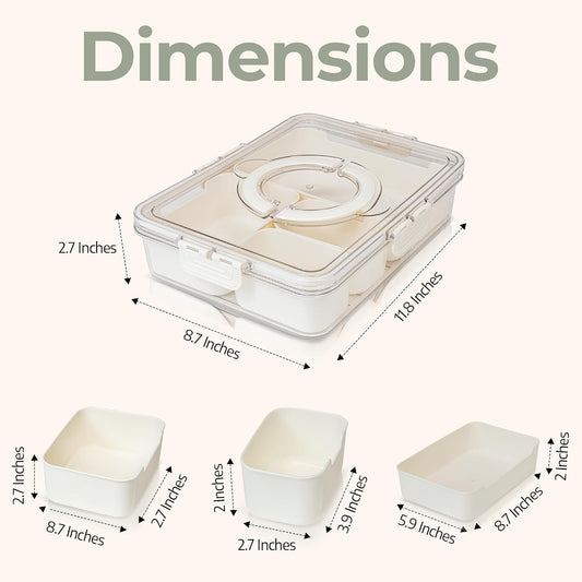 Divided Serving Tray with Lid and Handle – Elegant 4-Compartment Snackle Box for Snacks, Appetizers, Fruits, and Party Entertaining (Cream).