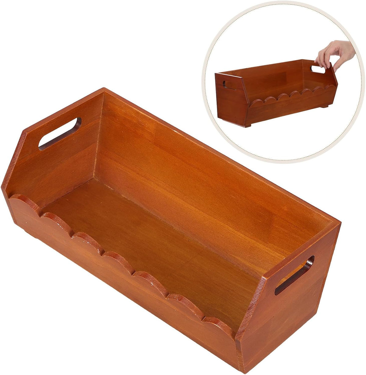 Wood Pantry Organizer Basket with Handle for Kitchen Storage, Rustic Wooden Bread and Vegetable Bin with Wide Opening, Ergonomic Handles, and Flat Bottom for Easy Access