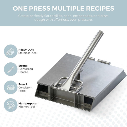 Alpha Living Large Stainless Steel Tortilla Press - Heavy Duty Square Tortilla Maker with Reinforced Handle Base - Manual Dough Press for Flour Tortillas, Naan, Empanadas, Flatbread, Pizza Dough