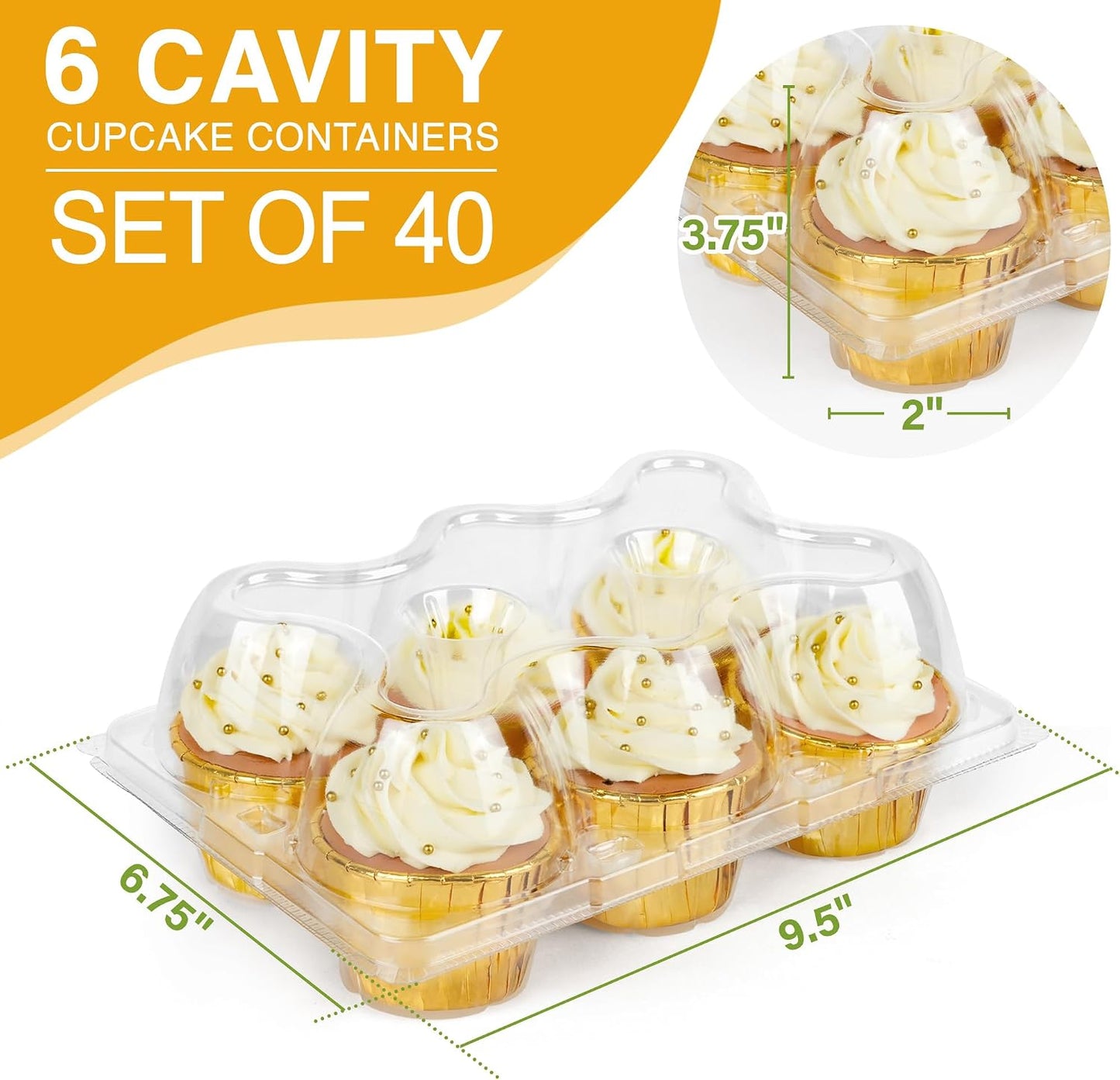 LotFancy (6 Count x 40 Sets) Cupcake Containers, Half Dozen Clear Cupcake Boxes, Thick Plastic Muffin Holders with Detachable Tall Dome Lid, Disposable Cupcake Carriers, BPA Free, Standard Size