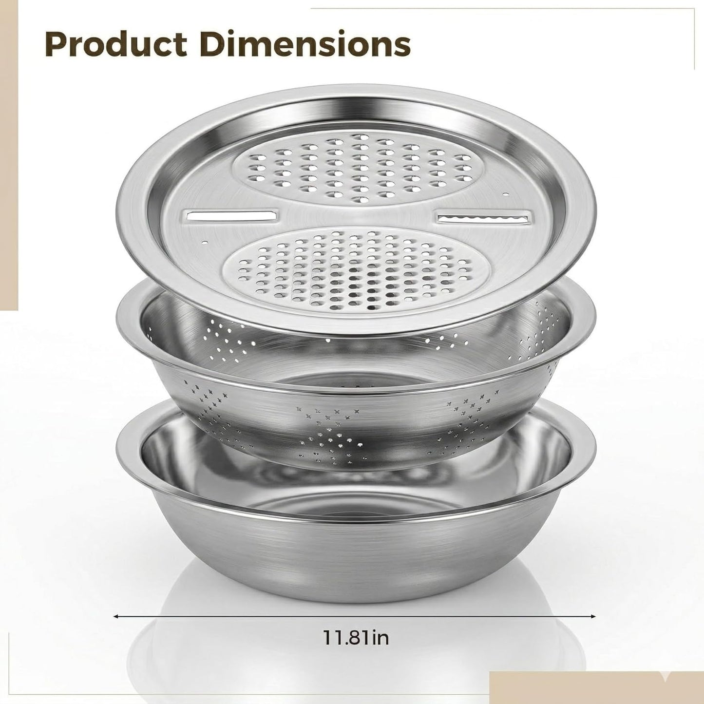 3 Pcs Multifunctional Stainless Steel Grater Bowl Set, 30 cm/11.8 in Large Mixing Basin, Colander for Kitchen Food Prep, Versatile Grater Lid, Induction Cooktop Compatible