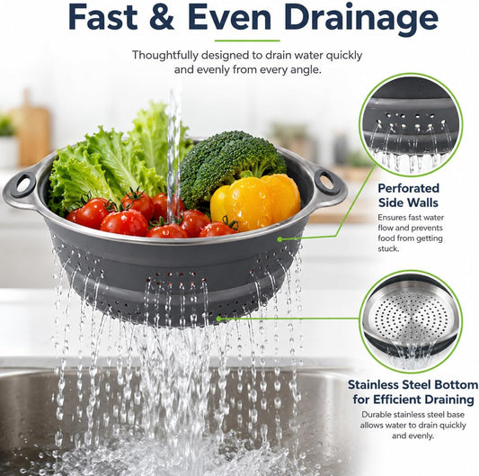 Mejoncb Collapsible Colander – Platinum Silicone Strainer with Stainless Steel Base, BPA-Free & Heat Resistant Kitchen Drain Basket (Gery)