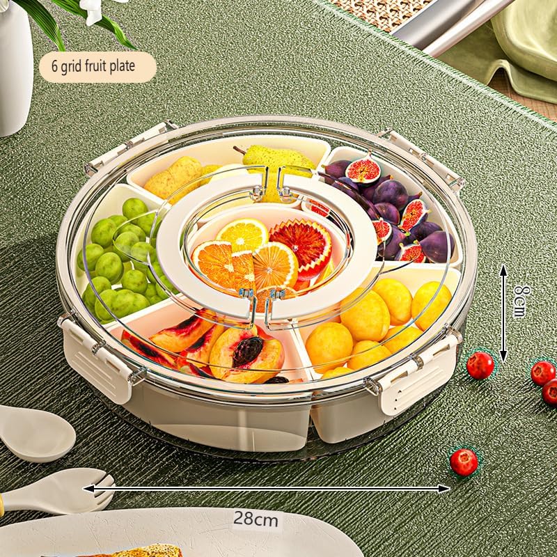 Rotating Fruit Storage Container with Lid, 6-Section Snack Organizer, Airtight Tray with Handle for Fruits, Nuts, Candy