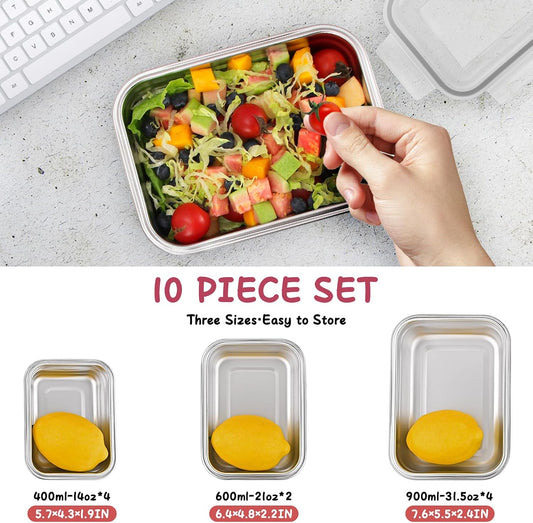 Cykorxicc 10 PC Square 304 Stainless Steel Food Containers with Lids, Airtight Bento Lunch Box, Metal Meal Prep Food Containers Reusable Stackable | Nestable Oven/Dishwsher/Freezer Safe