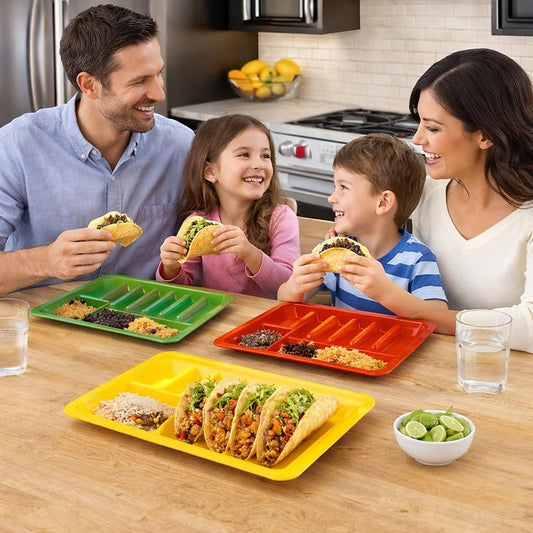 Dependable Industries inc. Essentials Set of 3 Rectangular Taco Holder Plates – BPA-Free Plastic Taco Trays with Dividers, Stackable, Microwave & Dishwasher Safe