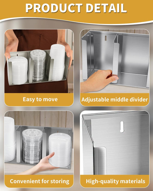 Stainless Steel Cup Dispenser,3 Compartments Cup Holder and Lid Holder with Adjustable Dividers,Cup Organizer for Kitchen Cabinets Cafe Shop Restaurant,Includes Straw Holder