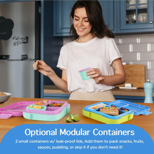 Caperci Bento Box for Kids - Large 4.8 Cups Lunch Box with Two Modular Containers - 4 Compartments, Leak-Proof, Portable Handle, Microwave/Dishwasher Safe, BPA-Free (Jungle Green/Blue)