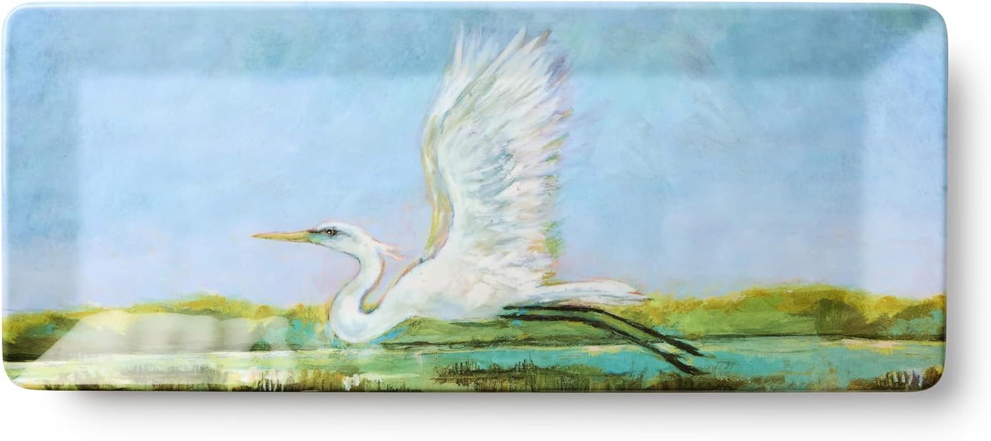 Coastal Birds Melamine 3-Pc. HOSTESS SERVING SET – Chip & Dip, 3-Section Relish Tray, Rectangular Platter – Shatterproof BPA-Free Outdoor Serving for Beach House Entertaining, Appetizers & Seafood