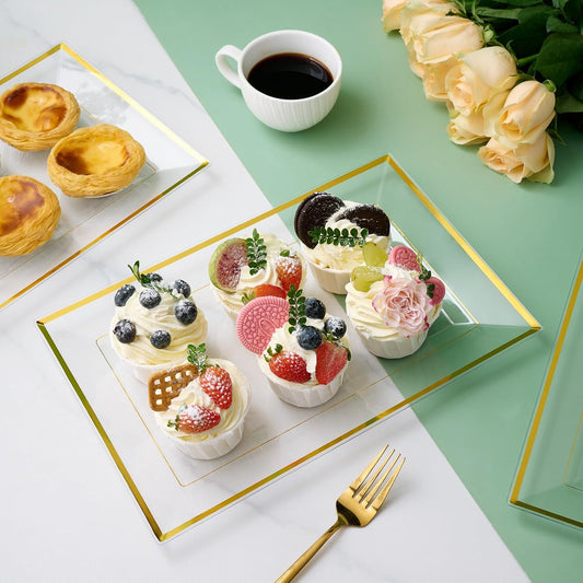 FOCUSLINE 8 PCS Plastic Serving Trays, White and Gold Rim Plastic Serving Platters, Disposable Tray for Food, Perfect for Wedding Parties