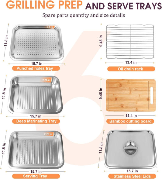 6-in-1 Grilling Prep and Serve Trays Set, 15.7" Stainless Steel Grill Carry System with Lid, Punched Tray, Draining Rack and Bamboo Cutting Board, BBQ Meat Marinade Container, Grilling Gifts for Men