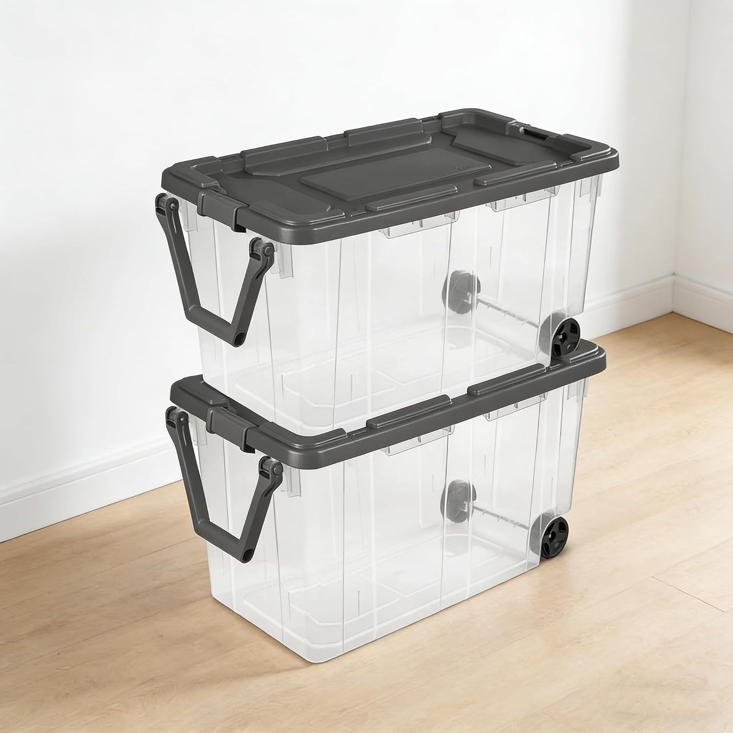 160 Quart Wheeled Storage Bin with Latch Lid, 2-Pack, Extra Large Clear Stackable Tote with Pull Handle, Gray