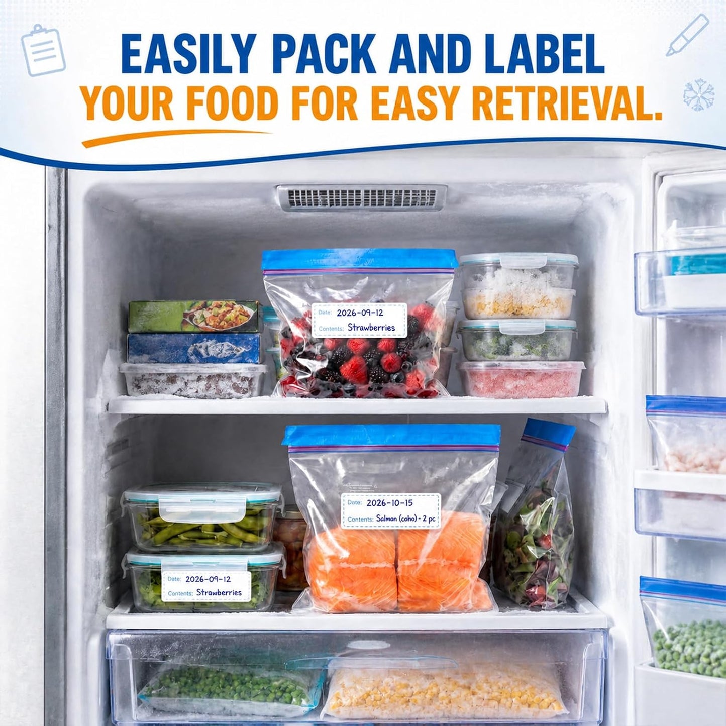 Resurhang Freezer Label Kit for Food Storage Includes 500 Pcs Waterproof Removable Food Labels 3/4 Inch x 55 Yd, 3 Rolls Masking Tape, 3 Marker Pens for Kitchens Refrigerator Meal Prep(White)