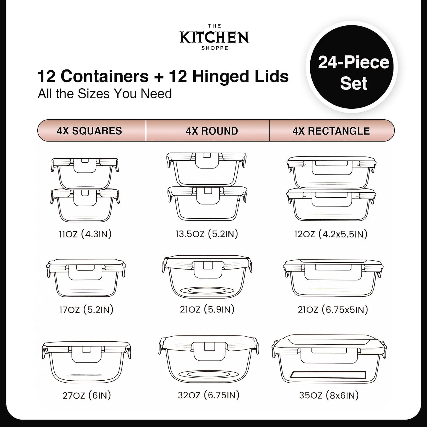 KITCHEN SHOPPE 24pc Borosilicate Glass Storage Containers with Airtight Lids | Heavy Duty, Non-Toxic Food Storage Containers for Pantry, Meal Prep, Lunch or Leftovers | Freezer/Oven/Microwave Safe