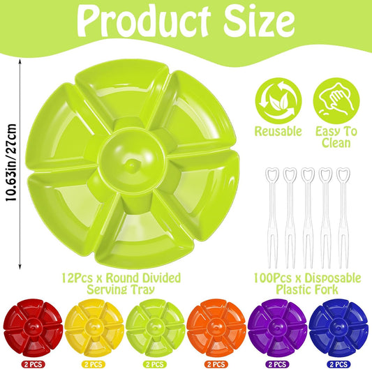 12 Pcs Plastic Divided Serving Trays with 100 Pcs Disposable Fork, 7 Compartments Round Chip Dip Plate, Petal Shape Platter, 10.63'' Snacks Serving Dish for Party Candy Nuts Fruits (Classic Color)