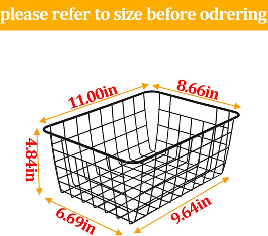 LeleCAT Large black wire basket for Organizing with Wooden Handles,pantry refrigerator organizers and storage,Snack Storage Baskets for Cabinets, Closets, Bedrooms, kitchen -2pack(Black)