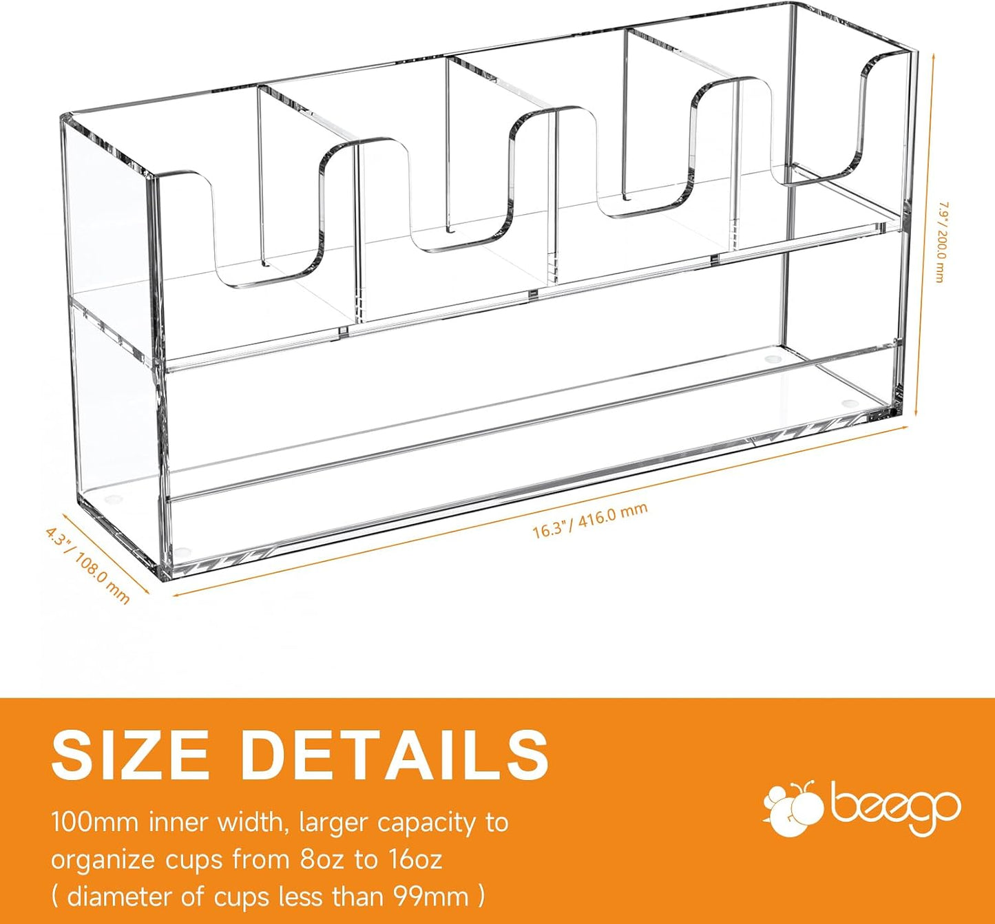 Beego 2-Compartment Cup Holder for Countertop - 2-Tier Clear Acrylic Cup Dispenser Coffee Station Paper Cup and Lid Organizer Condiment Storage for Restaurant Breakroom Kitchen Bar Accessories