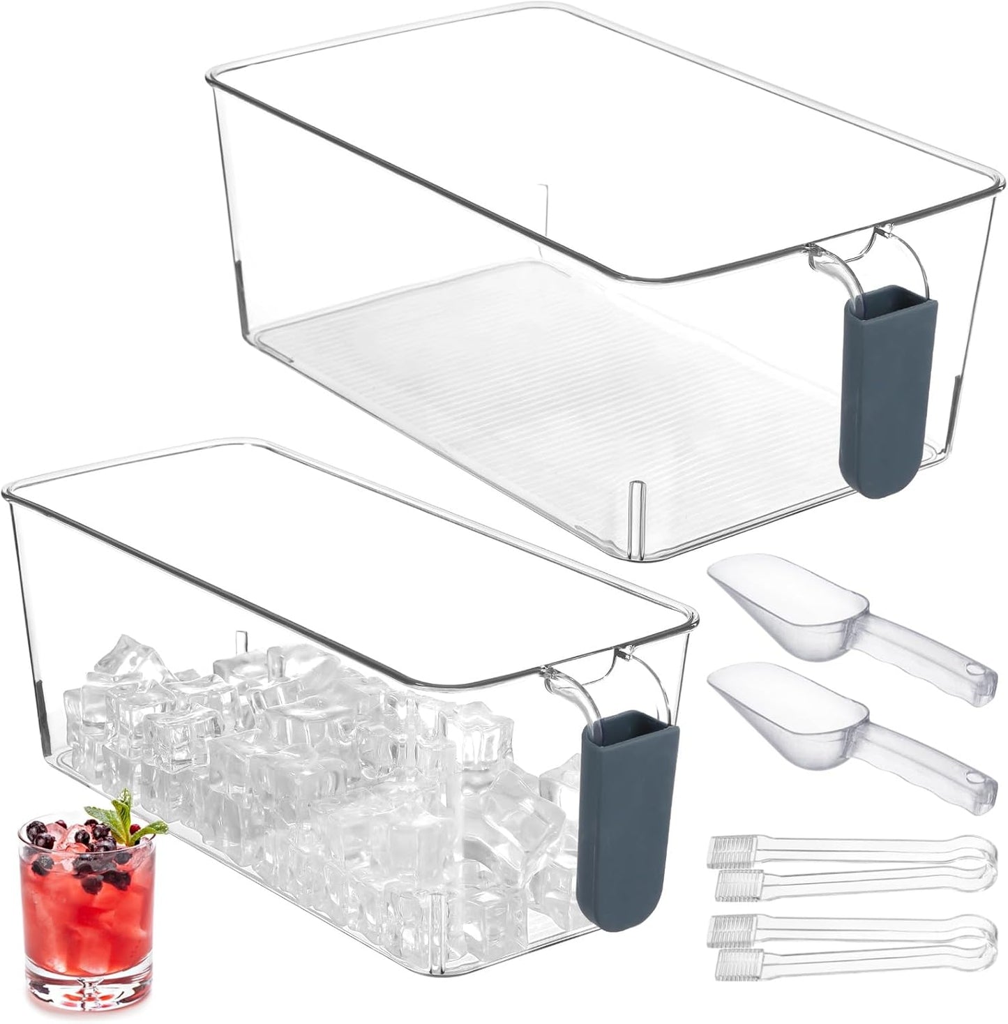 2 Pcs Ice Bin with Scoop and Tong, Ice Bucket with Pull-Out Handle for Freezer, 2 Sizes Clear Plastic Ice Container for DIY Drink Summer Party, 12.2 x 6.9 x 4.3 in, 12.2 x 4.9 x 4.3 in, Dark Blue