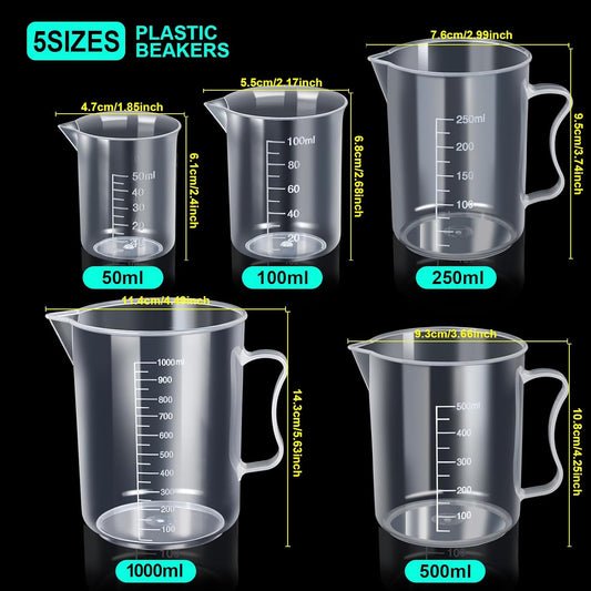 Teenitor Graduated Cylinder Plastic Beaker, 5pcs Plastic Graduated Cylinder 10ml 25ml 50ml 100ml 250ml and 5pcs Plastic Beakers 50ml 100ml 250ml 500ml1000ml Clear 10pcs
