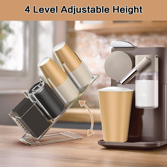 Acrylic Cup and Lid Holder with Straw Organizer, Adjustable Coffee Cup Holder Organizer, 5 Compartment Cup Dispenser for Disposable Paper & Plastic Cups, for Station Home Countertop(Patent in Effect)