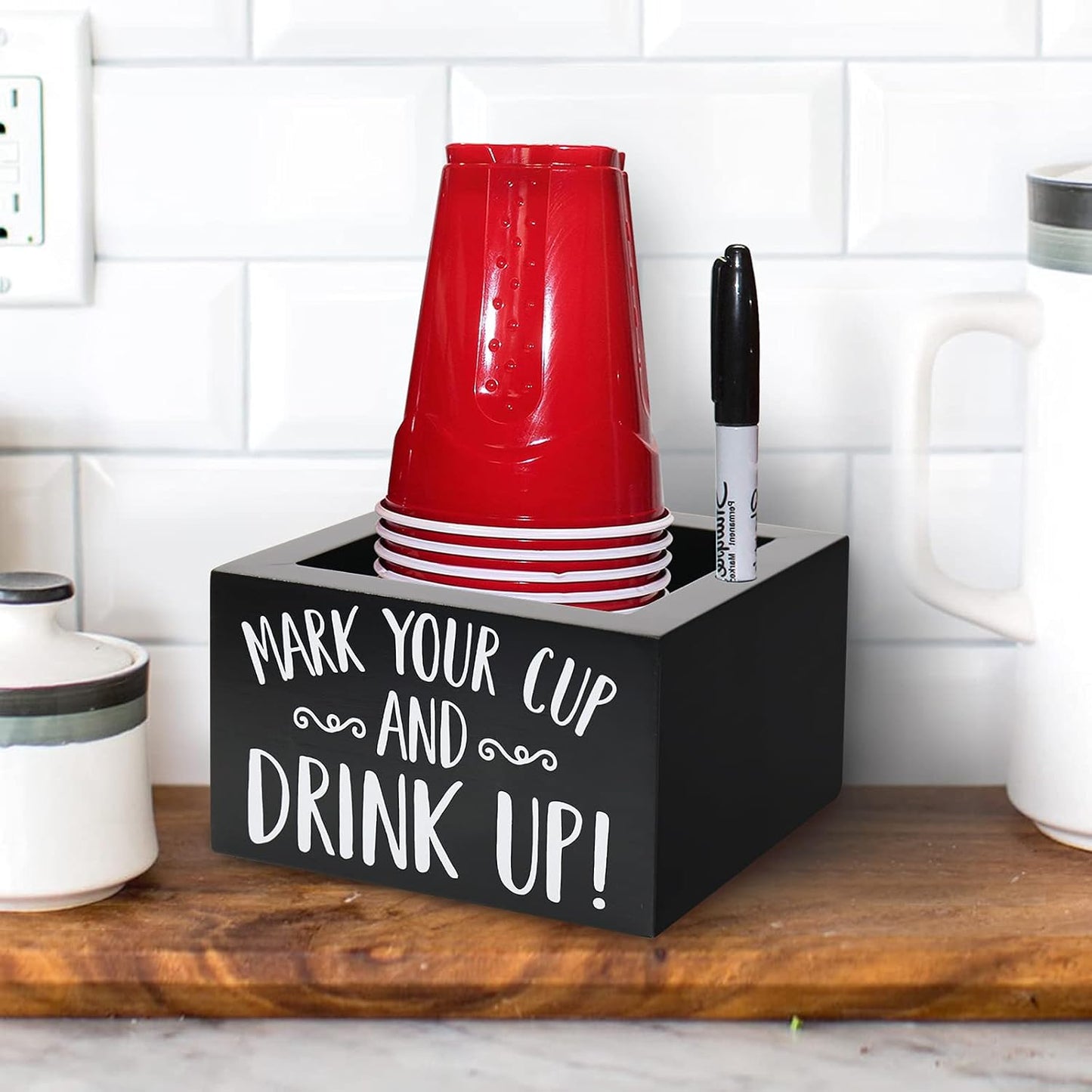 Wooden Party Cup Dispenser Mark Your Cup and Drink Up Cup Decor