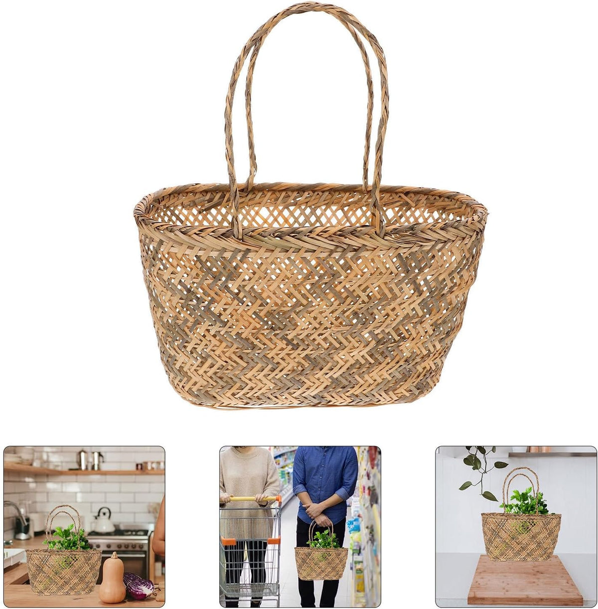 Generic Handmade Storage Basket with Delicate Handle, Wear-resistant and Multi-functional Design, Beige Organizer Bin for Eggs and Vegetables, for Home Decor and Shelf Storage