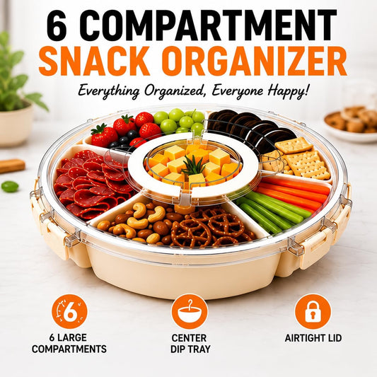 Snackle Box Container with Lid & Handle, 6 Compartment Snack Tray for Kids & Adults, Portable Serving Tray for Fruit, Veggies, Candy & Snacks, Rotating Organizer for Travel, Party & Movie Night
