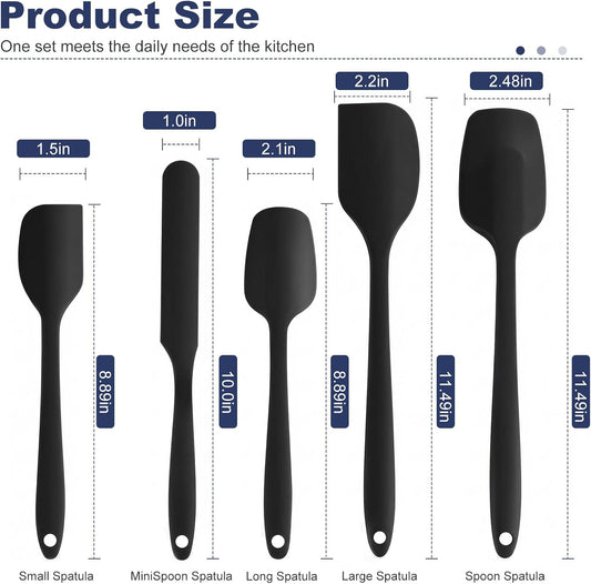 Premium 5-Piece Silicone Spatula Set, 446°F Heat Resistant for Nonstick Cookware & Baking, Food Grade, Hand Wash Recommended(Black)