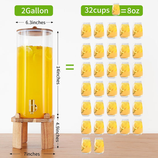 2 Gallon Large Drink Dispenser for Parties,Glass Beverage Dispenser with Stand,Glass Water Dispenser with Airtight Valve,Lemonade Dispenser for Fridge,Water, Juice,Punch,Cocktails,Ice Tea & Sun Tea-8L
