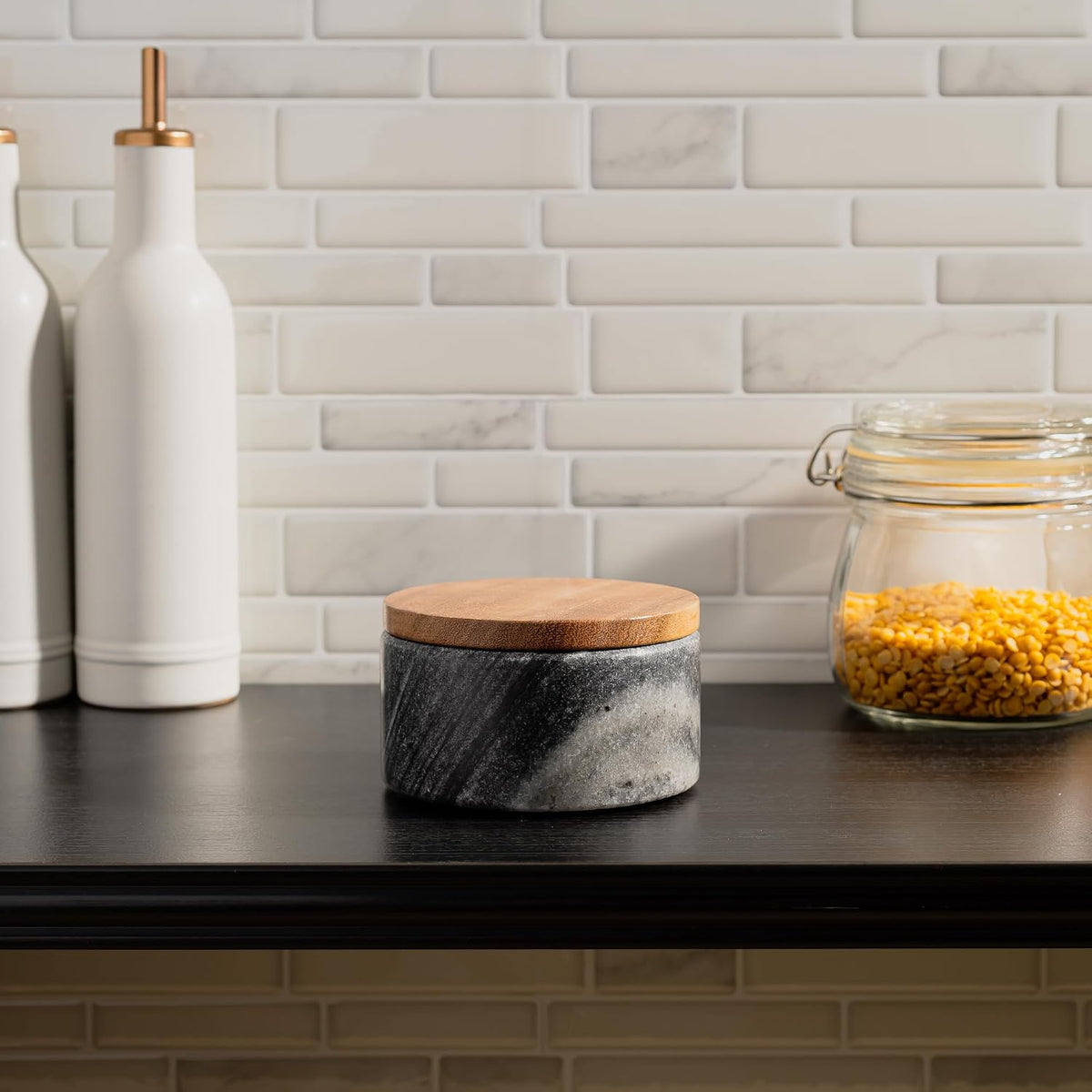 Cork & Mill Marble Salt Cellar with Acacia Wood Lid and Spoon, White