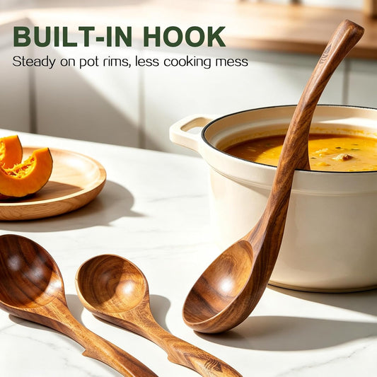 Teak Wooden Ladle for Soup, 3 Pcs Wood Ladle Spoon with Back Hooks