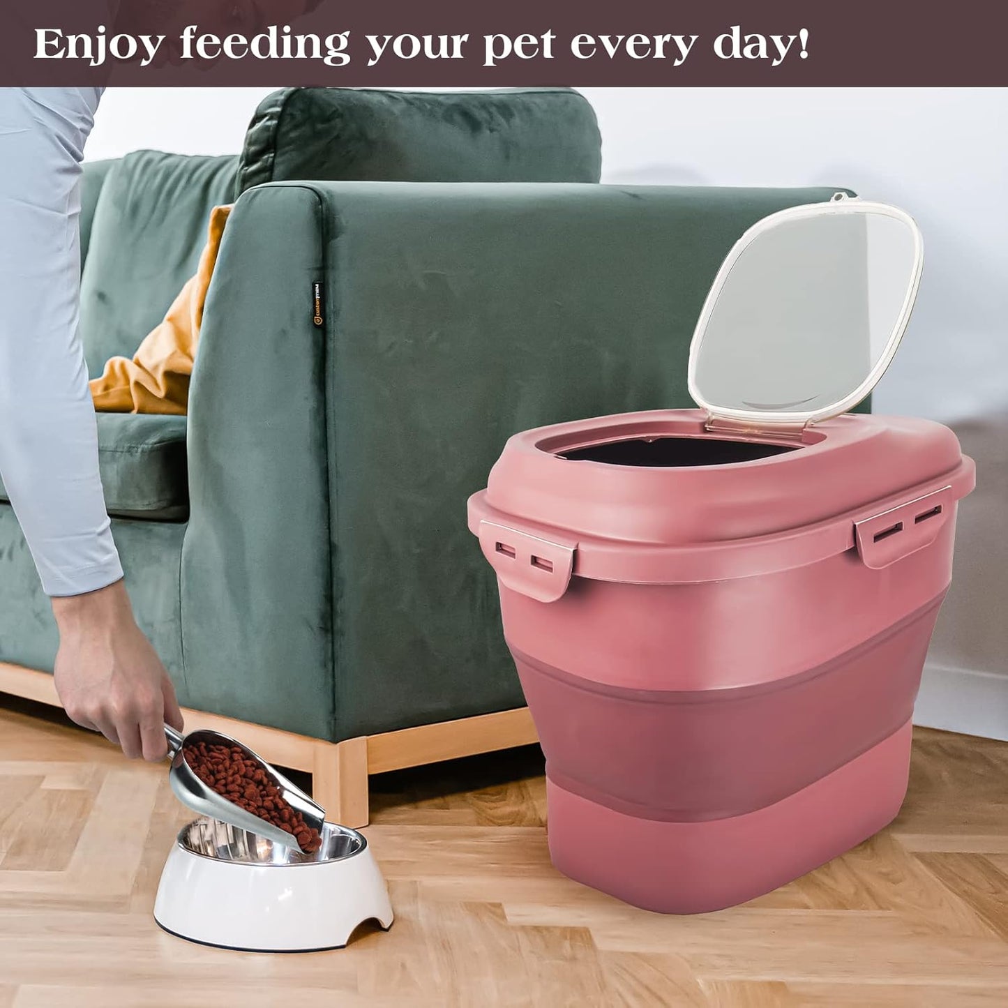 TIOVERY Dog Food Storage Container, Airtight Collapsible 13lb to 30lb Pet Food Container with Flip Top, Rolling Wheel, Scoop and 3L small container for Dog Cat Food and Dry Food of Rice, Flour