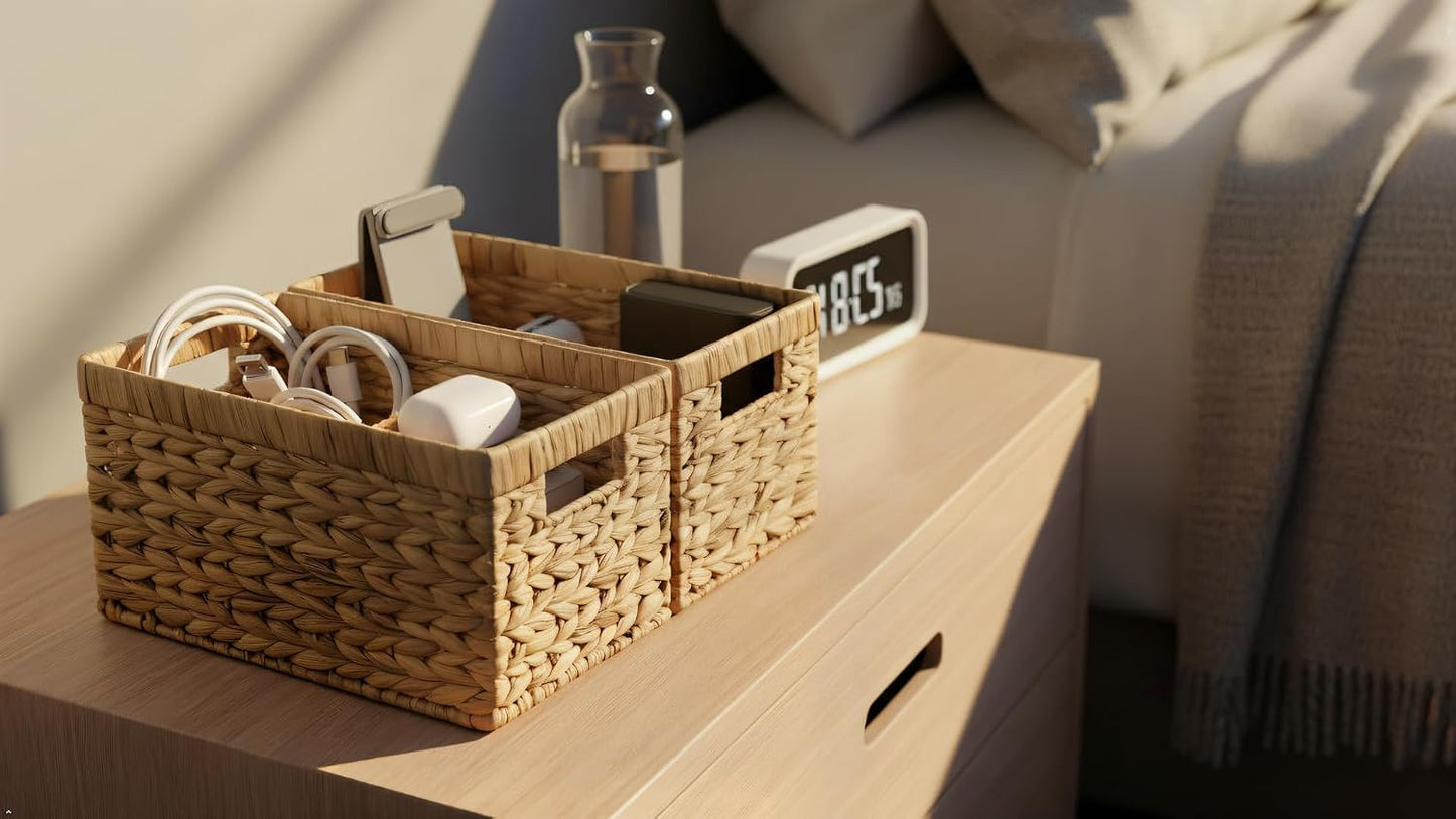 Water Hyacinth Storage Baskets Set of 2 - Medium Decorative Wicker Baskets for Organizing Shelves, Rectangular Woven Storage Bins with Handles for Pantry, Bathroom, Living Room 13"x9"x7"