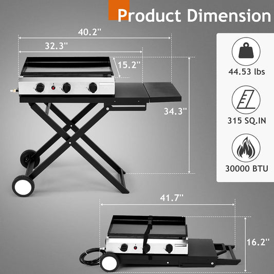 Outvita 3 Burner Foldable Propane Griddle with Wheels & Enameled Tray, 30000 BTU Portable Flat Top Gas Grill with Electronic Ignition & Regulator for Outdoor Cooking Camping BBQ Tailgating Picnicking