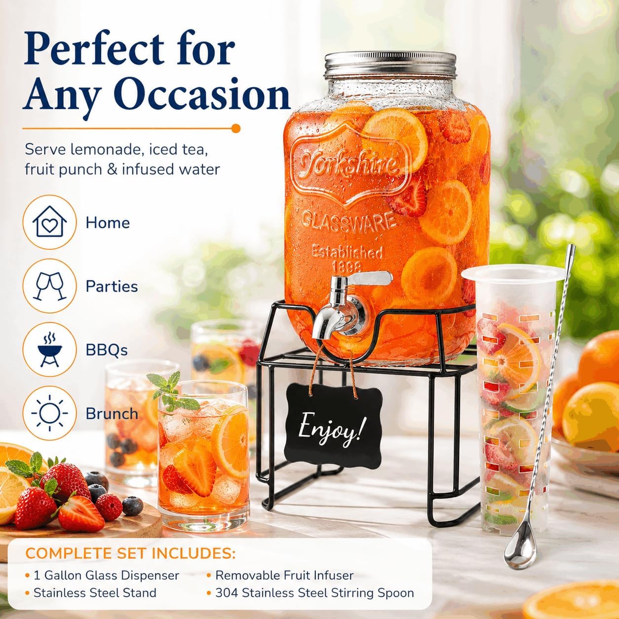 2-Pack 1-Gallon Glass Drink Dispensers with Heavy-Duty Wire Stand - 304 Stainless Steel Spigot & Mixing Spoon - 100% Leakproof Mason Jar Beverage Dispenser for Parties, Fridge, Kombucha - Wide Mouth